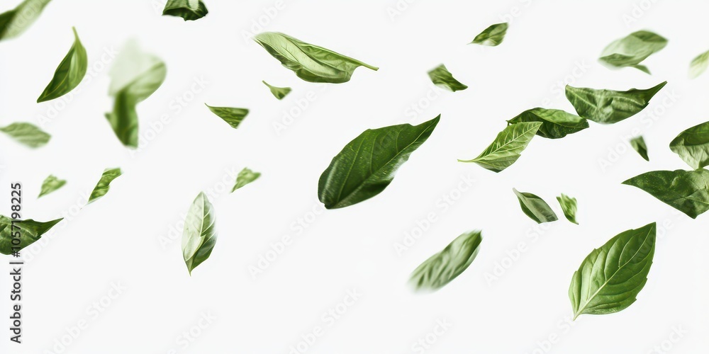 Falling basil leaves isolated on a white background, appearing dynamic and fresh. Shot with a professional DSLR camera, high resolution. Falling basil leaves isolated on a white background, appearing dynamic and fresh. Shot with a professional DSLR camera, high resolution.