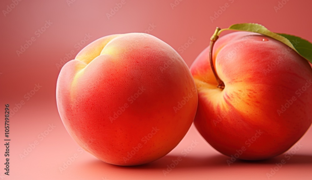 Two ripe peaches with a smooth texture against a soft pink background. Two ripe peaches with a smooth texture against a soft pink background.