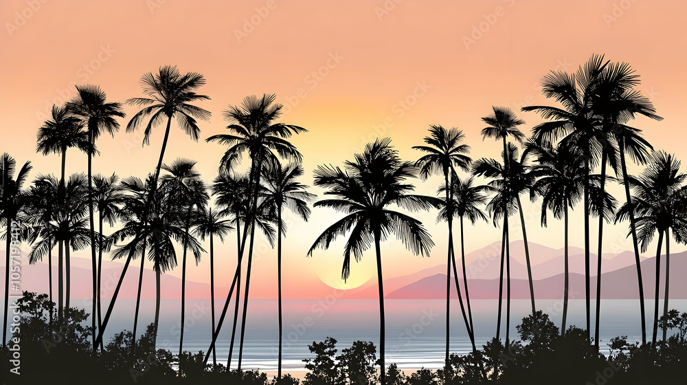 Obraz premium Silhouette of palm trees at sunset over the ocean.