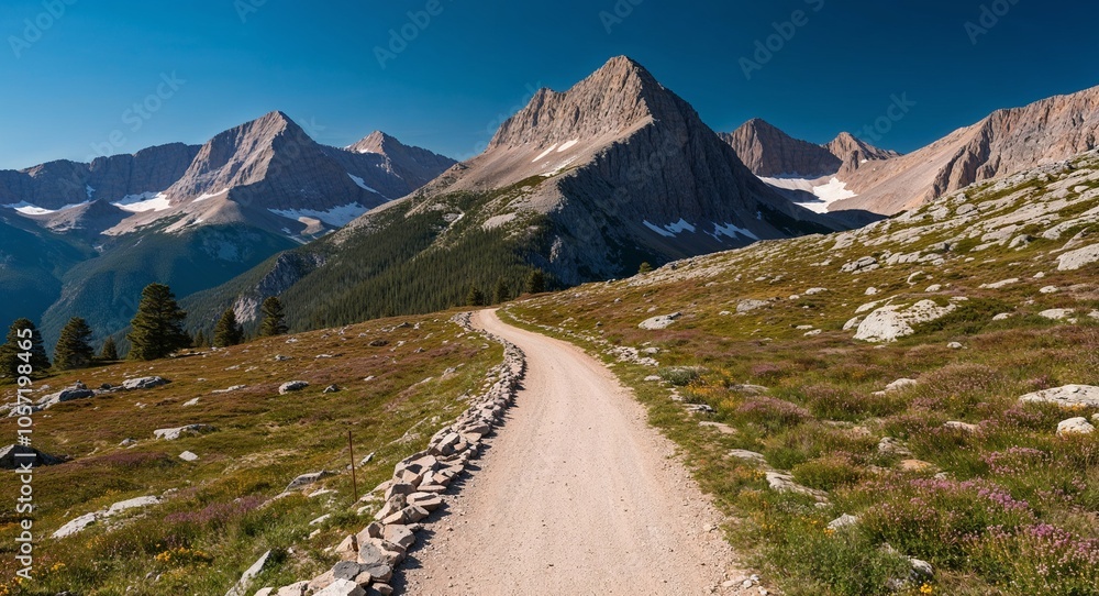 Rocky mountain path with views of surrounding peaks Rocky mountain path with views of surrounding peaks