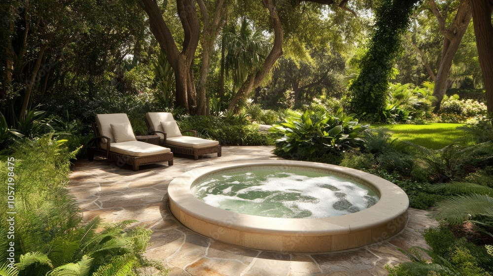 Serene Outdoor Spa with Lounge Chairs Amid Greenery Serene Outdoor Spa with Lounge Chairs Amid Greenery