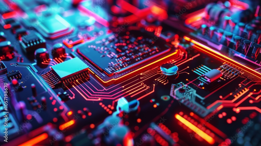 Macro view of illuminated circuit board with neon colors Macro view of illuminated circuit board with neon colors