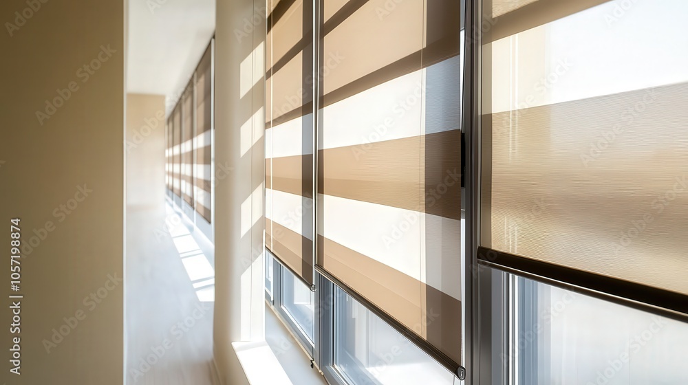 Obraz premium Dual-layer roller blinds showing a combination of blackout and sheer fabric, allowing light control while maintaining privacy, with a sleek, modern room design