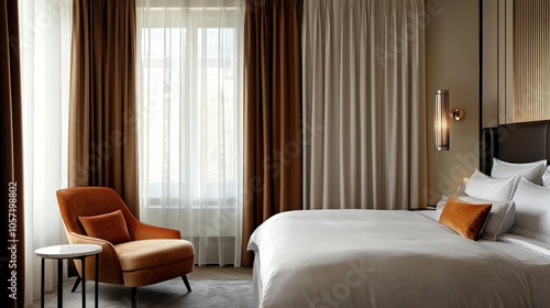 Double-layer curtains with a combination of sheer and blackout fabric, offering both privacy and light control in a chic, modern bedroom