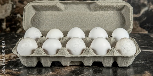 Carton of organic white eggs arranged neatly in a cardboard tray, suitable for cooking, baking, and culinary purposes. High-resolution image. photo