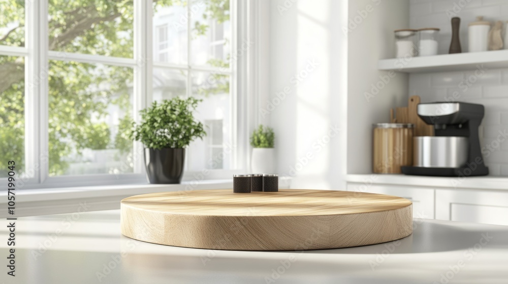 A wooden cutting board sits on a countertop in a kitchen A wooden cutting board sits on a countertop in a kitchen