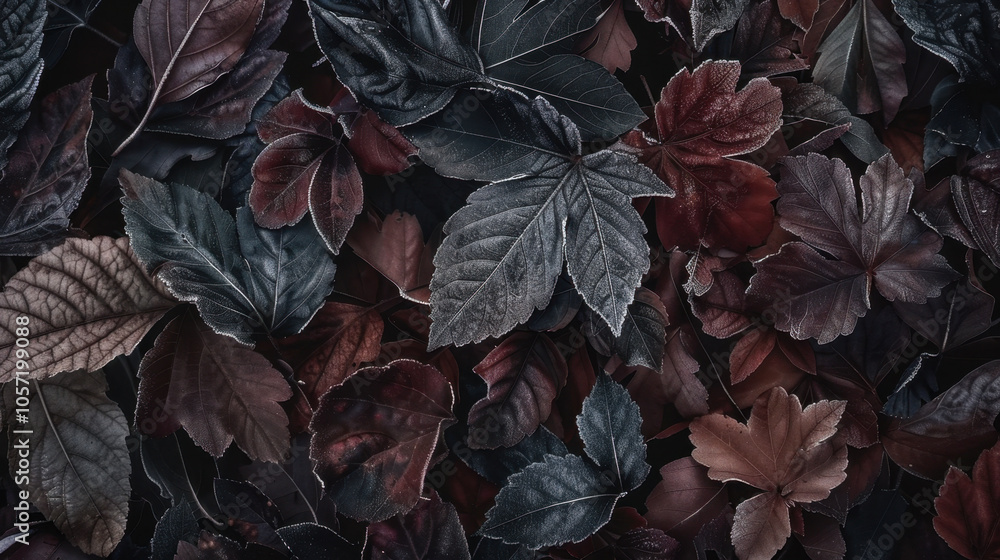 Frost-covered leaves in various shades of brown, red, and green Frost-covered leaves in various shades of brown, red, and green