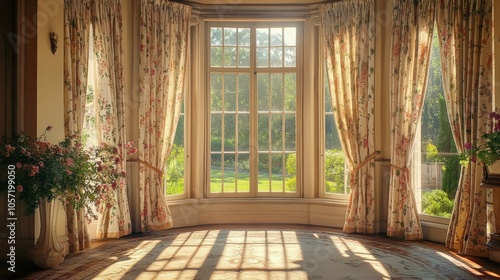 Elegant, patterned curtains framing a large bay window, overlooking a tranquil garden, sunlight casting intricate shadows across the room 