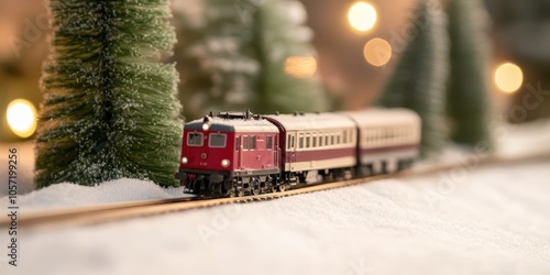 A charming model train travels along a snowy track amidst festive decorations, evoking nostalgia and holiday spirit. photo