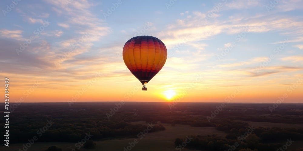 Fototapeta premium A colorful hot air balloon soaring above a stunning sunset, casting shadows over the serene landscape below.