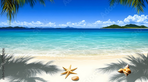 Tropical Beach with Palm Trees, Starfish, and Seashells. photo