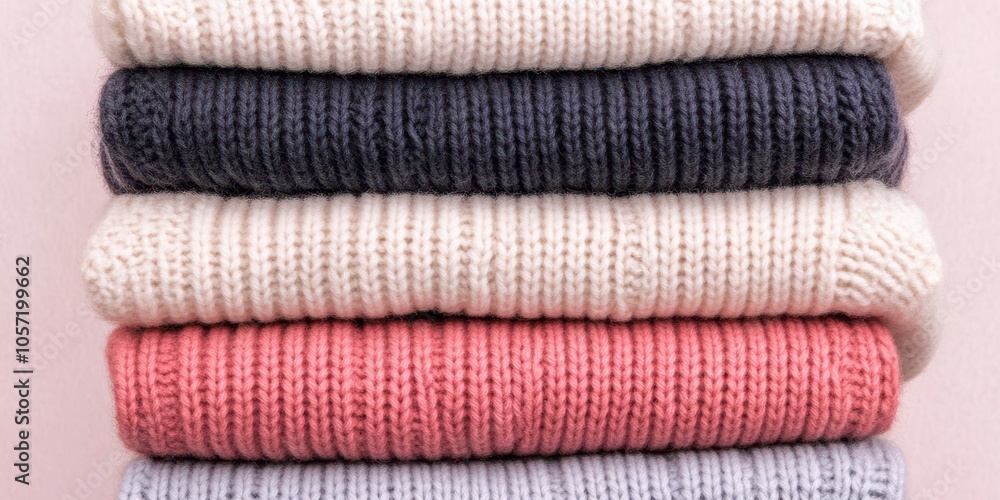 A cozy stack of knitted sweaters in various colors, perfect for autumn and winter fashion inspiration. A cozy stack of knitted sweaters in various colors, perfect for autumn and winter fashion inspiration.