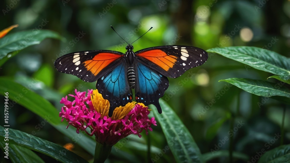 A vibrant butterfly perched on a pink flower amidst lush green foliage. A vibrant butterfly perched on a pink flower amidst lush green foliage.