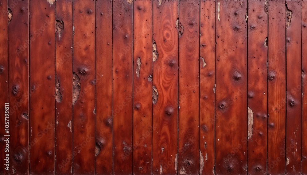 Fototapeta premium Rustic Wooden Planks in Rich Auburn Red with Natural Knots and Weathering Patterns