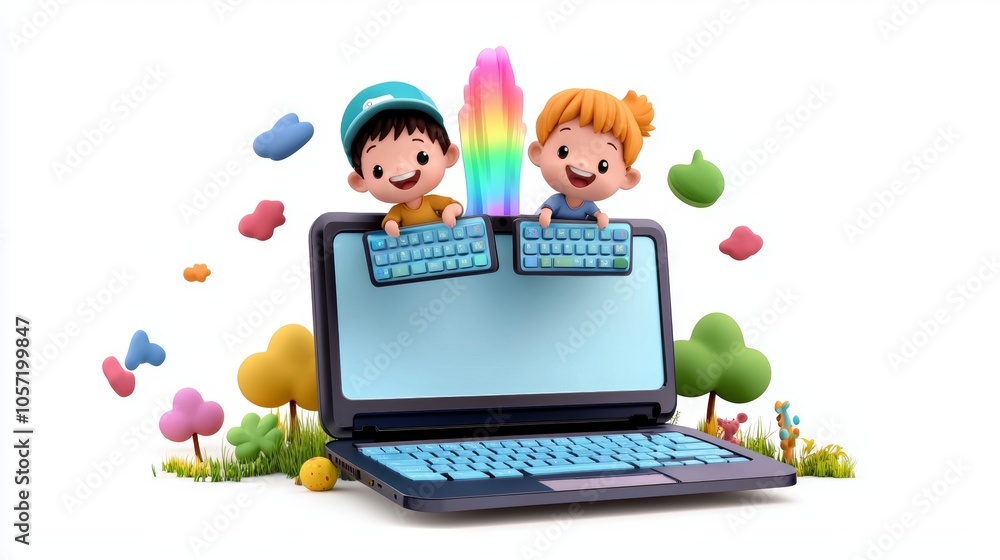Magical Laptop with Kids in a Colorful Scene Magical Laptop with Kids in a Colorful Scene