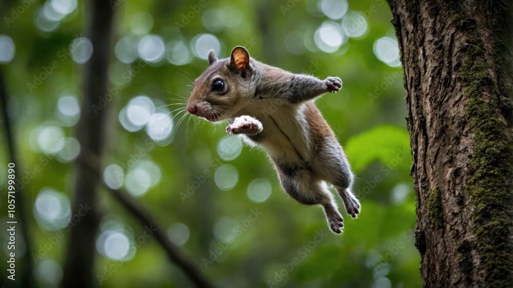 A squirrel leaps gracefully from a tree branch in a vibrant forest setting. A squirrel leaps gracefully from a tree branch in a vibrant forest setting.