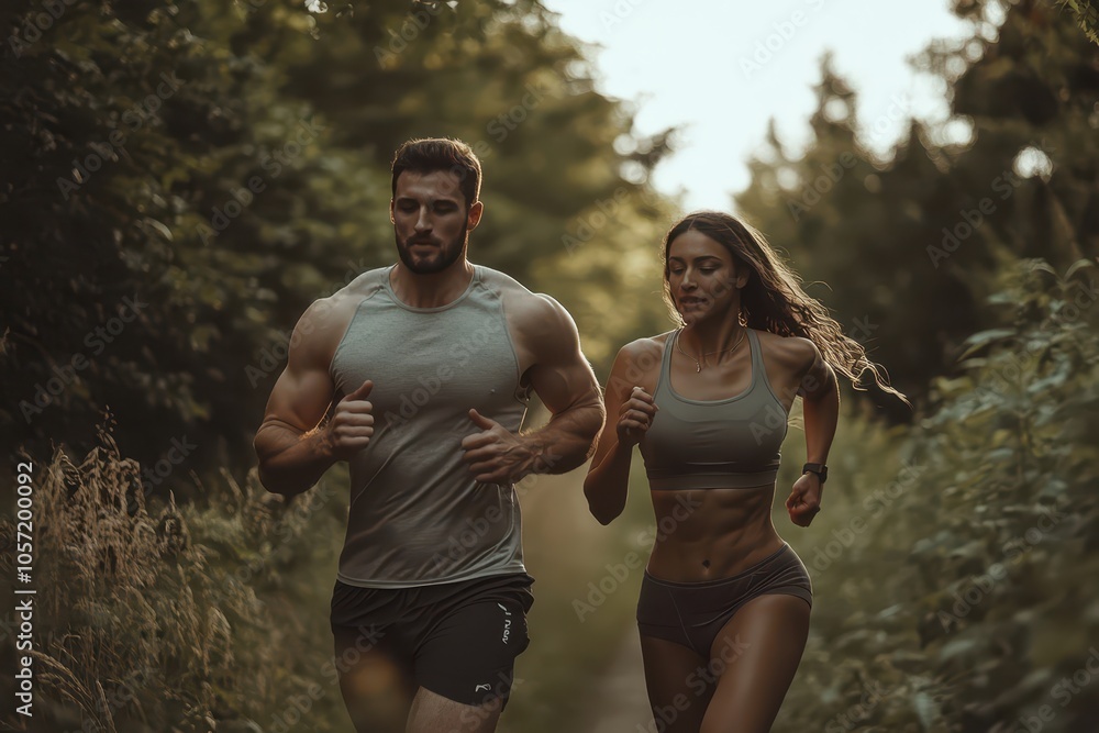 Fit couple running outdoors, promoting health and fitness. High-resolution image capturing lifestyle. Fit couple running outdoors, promoting health and fitness. High-resolution image capturing lifestyle.