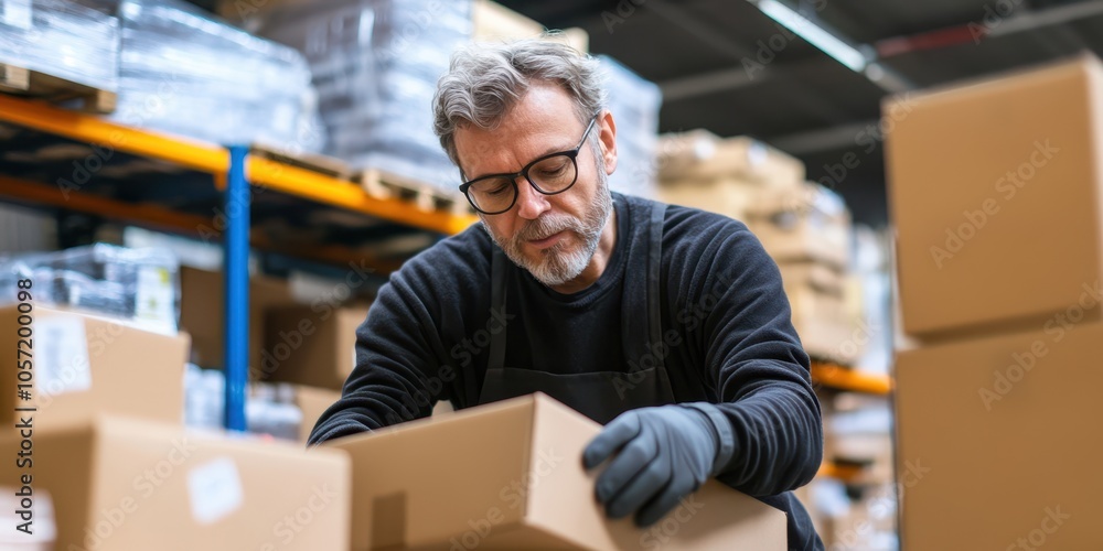 A focused warehouse worker organizes packages in a logistics facility, showcasing industry dedication and attention to detail. A focused warehouse worker organizes packages in a logistics facility, showcasing industry dedication and attention to detail.