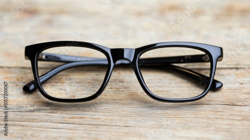 Eyewear resting on wooden desk, office environment blurred behind. Stylish glasses on wooden desk, office background out of focus.