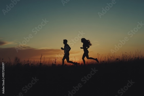 Silhouettes of a man and woman running against a sunset backdrop, creating a dramatic scene.