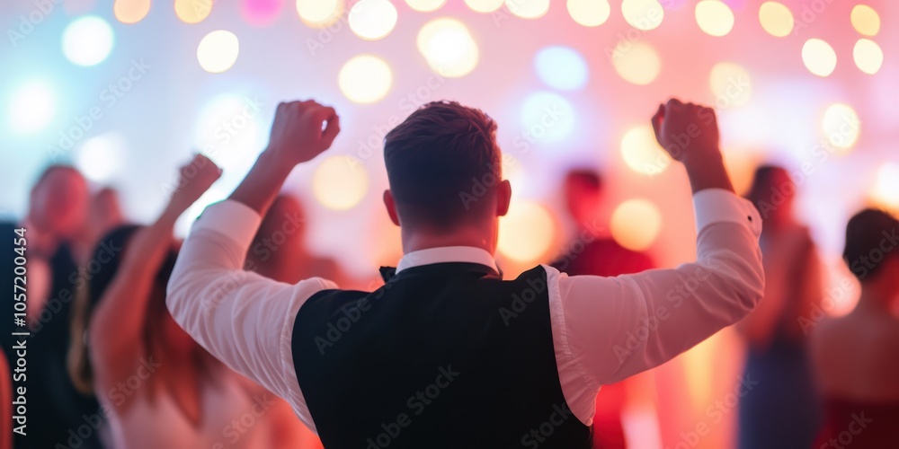A joyful person raising hands celebrating at a vibrant party with colorful lights in the background. A joyful person raising hands celebrating at a vibrant party with colorful lights in the background.