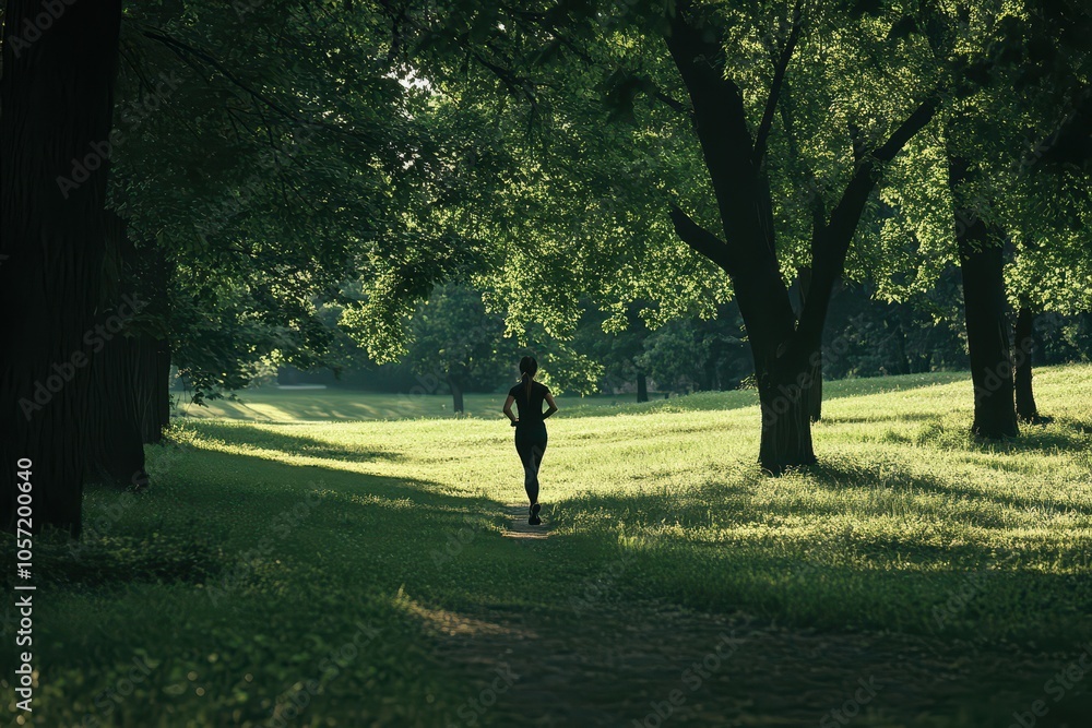Woman jogging in a park surrounded by nature, embracing an active lifestyle. Woman jogging in a park surrounded by nature, embracing an active lifestyle.