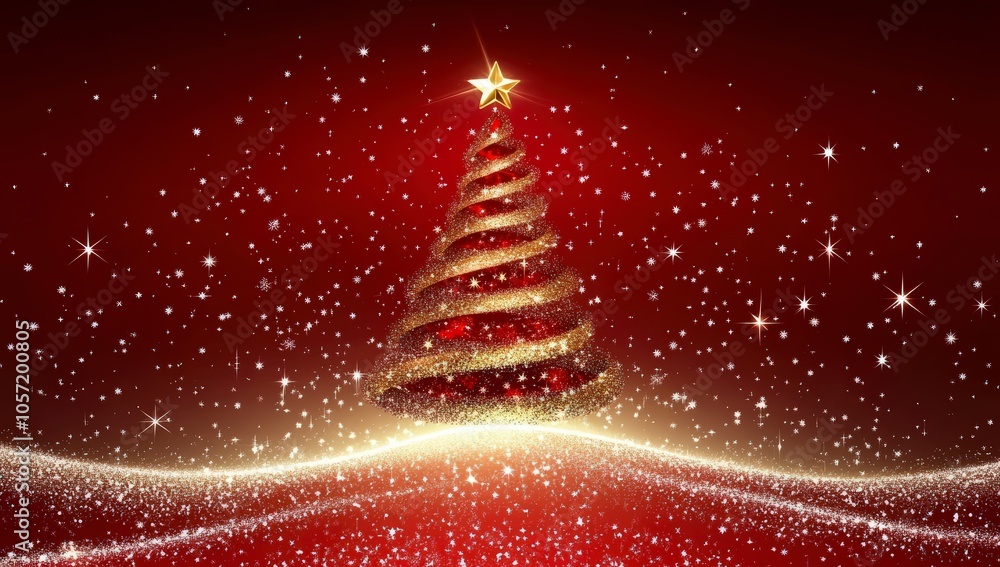 Red background with Christmas tree and snowflakes Red background with Christmas tree and snowflakes