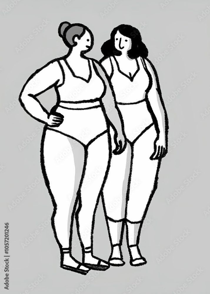 A vibrant illustration of two stylish characters in black and white outfits, highlighting body shape diversity and body positivity A vibrant illustration of two stylish characters in black and white outfits, highlighting body shape diversity and body positivity