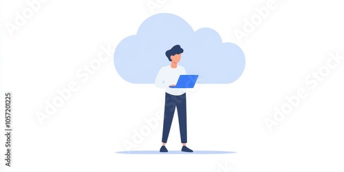 A person standing with a laptop in front of a cloud, symbolizing digital connectivity and online work.