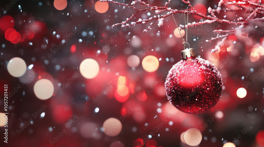 red Christmas ornament covered in snow hanging from a snow-dusted branch against a festive, bokeh-lit background. Softly falling snow adds a magical holiday feel, perfect for seasonal themes red Christmas ornament covered in snow hanging from a snow-dusted branch against a festive, bokeh-lit background. Softly falling snow adds a magical holiday feel, perfect for seasonal themes