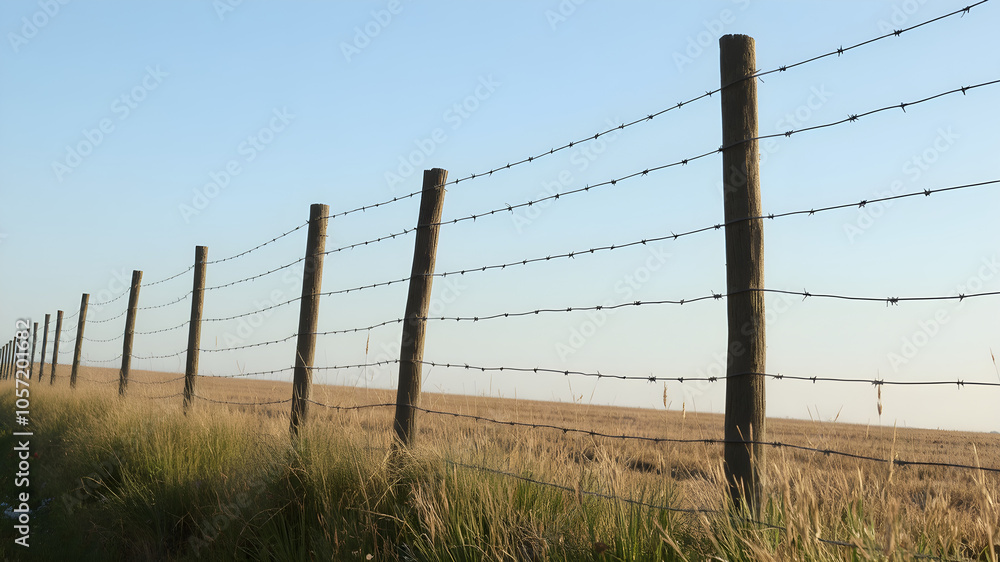 A barbed wire fence stretches across a vast, golden field under a clear blue sky A barbed wire fence stretches across a vast, golden field under a clear blue sky