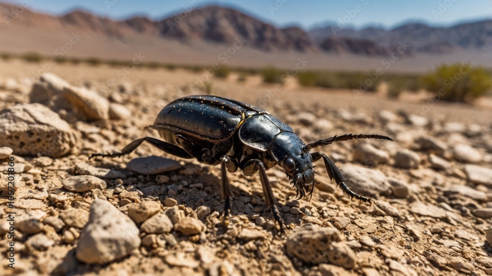 A close-up of a black beetle on rocky desert terrain with mountains in the background. A close-up of a black beetle on rocky desert terrain with mountains in the background.
