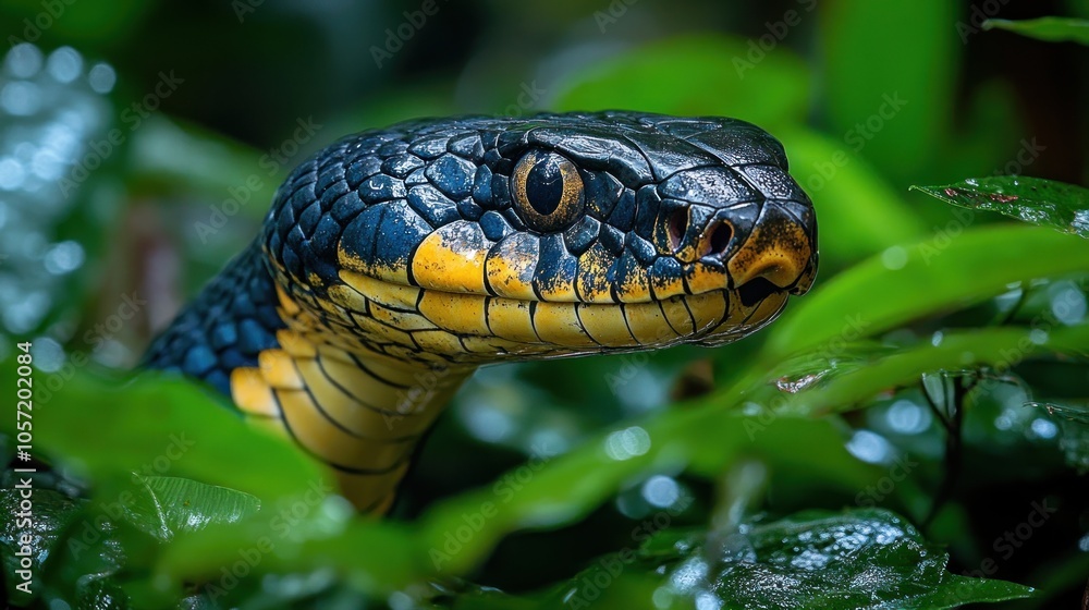 A close-up of a snake among lush green foliage. A close-up of a snake among lush green foliage.