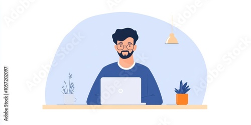 A young man working on a laptop at home, surrounded by plants in a cozy environment.