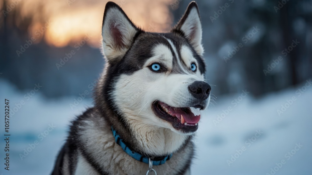 A close-up of a husky dog with striking blue eyes in a snowy landscape at sunset. A close-up of a husky dog with striking blue eyes in a snowy landscape at sunset.