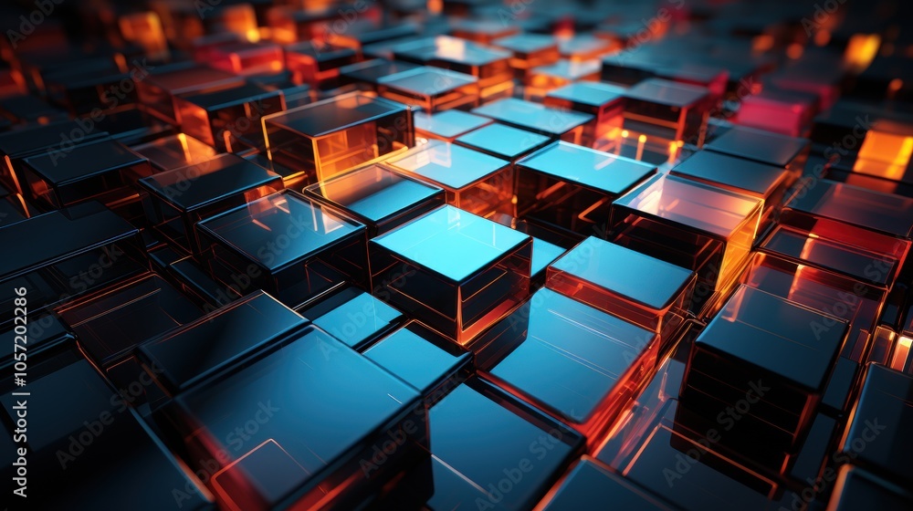 Abstract composition of glowing cubes in a dark environment, evoking a digital landscape. Abstract composition of glowing cubes in a dark environment, evoking a digital landscape.