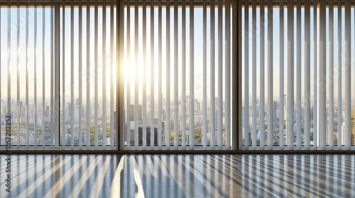 Vertical blinds in a sleek office space, partially open, revealing a panoramic city view, sunlight streaming through the slats onto a polished floor 