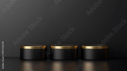 Three elegant black jars with gold lids against a dark background, suitable for beauty or food products.