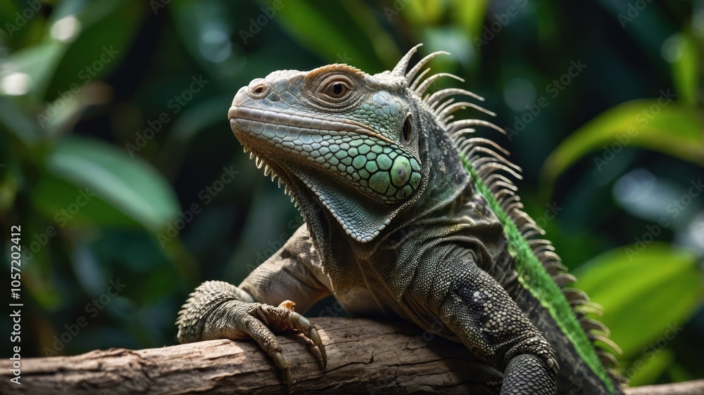 A close-up of a green iguana resting on a branch amidst lush foliage. A close-up of a green iguana resting on a branch amidst lush foliage.