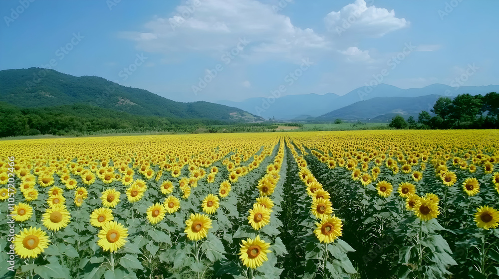 A vast field of sunflowers stretches towards distant mountains under a bright blue sky. A vast field of sunflowers stretches towards distant mountains under a bright blue sky.