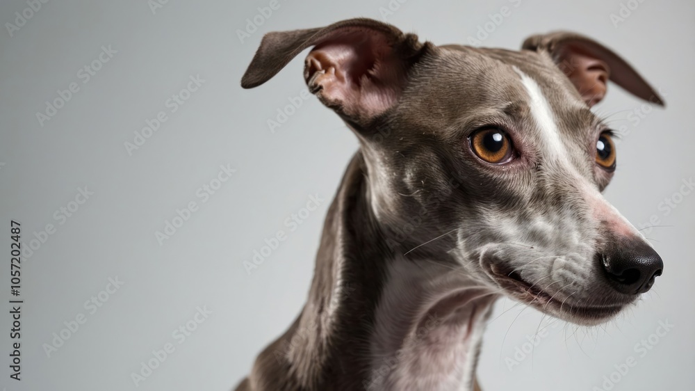 A close-up portrait of a greyhound dog with expressive eyes against a neutral background. A close-up portrait of a greyhound dog with expressive eyes against a neutral background.