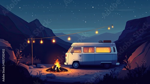 Wallpaper Mural A minimalist cartoon of a van parked on a mountaintop at night. The van is illuminated by a campfire with lights hanging from its ceiling and a cozy hippy-style interior. Torontodigital.ca