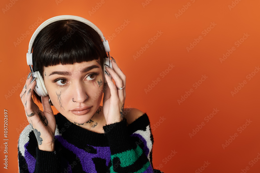 A young woman with short hair and tattoos captivates the studio with her bright sweater while listening to music. A young woman with short hair and tattoos captivates the studio with her bright sweater while listening to music.