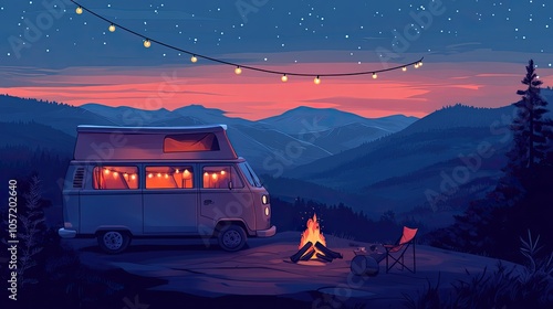 Wallpaper Mural A minimalist cartoon of a van parked on a mountaintop at night. The van is illuminated by a campfire with lights hanging from its ceiling and a cozy hippy-style interior. Torontodigital.ca