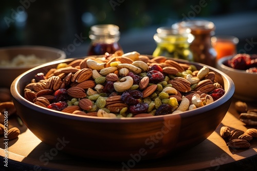 A wooden bowl filled with a colorful mix of nuts and dried fruits, set for a healthy snack.