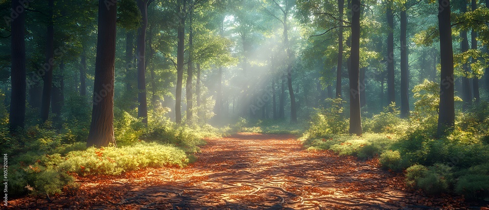 Fototapeta premium A serene forest scene with sunlight filtering through trees, creating a tranquil atmosphere.