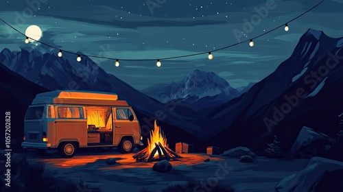 Wallpaper Mural A minimalist cartoon of a van parked on a mountaintop at night. The van is illuminated by a campfire with lights hanging from its ceiling and a cozy hippy-style interior. Torontodigital.ca