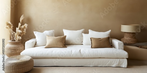 Cozy minimalist living room interior with a white sofa, warm-toned pillows, and earthy accents against a soft beige background. Perfect for modern home decor inspiration. photo