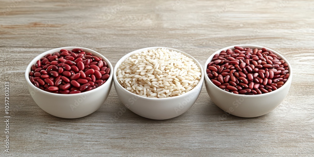Variety of different grains including white rice, red beans, and brown rice displayed in a bowl against a light wooden background. Variety of different grains including white rice, red beans, and brown rice displayed in a bowl against a light wooden background.