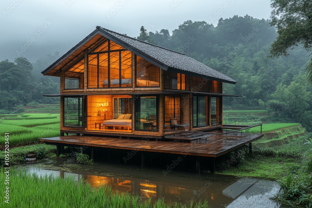 Idyllic Bamboo House Nestled in Lush Rice Field Landscape Idyllic Bamboo House Nestled in Lush Rice Field Landscape